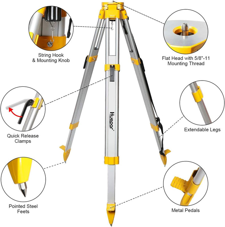 Huepar Professional Baustativ Nivellierstativ 1,65m mit 5/8"-11 Aussengewinde, Flachkopf Aluminiumst