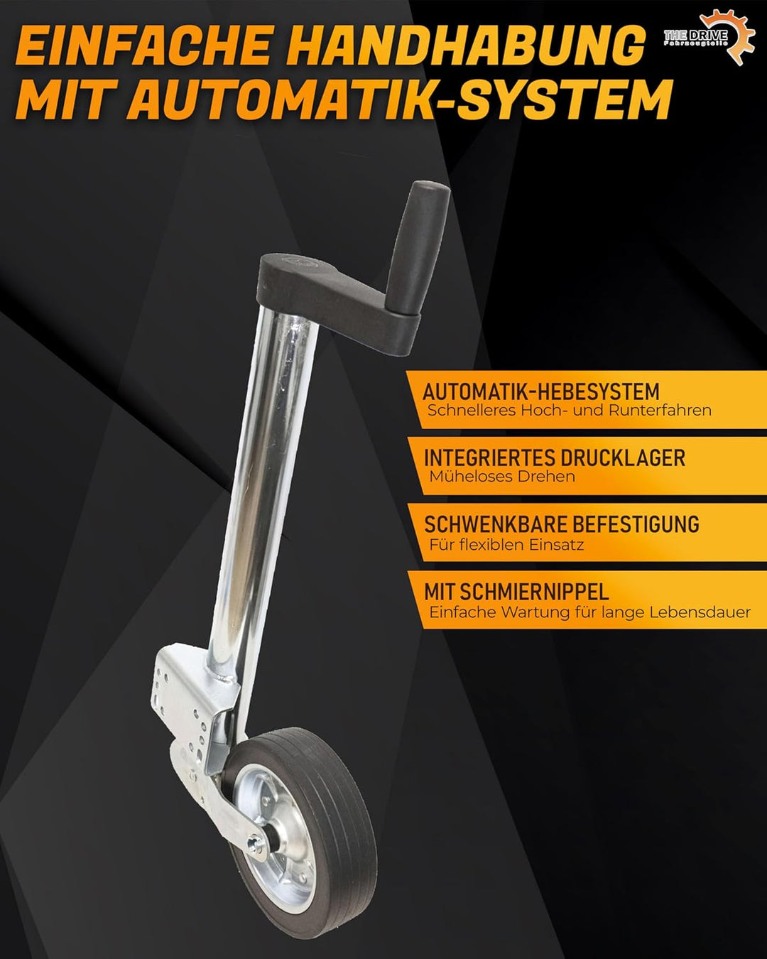 The Drive | Anhänger Stützrad 500KG | vollautomatik | mit Ergo-Griff | Vollgummirad Ø225x65 | Schwer