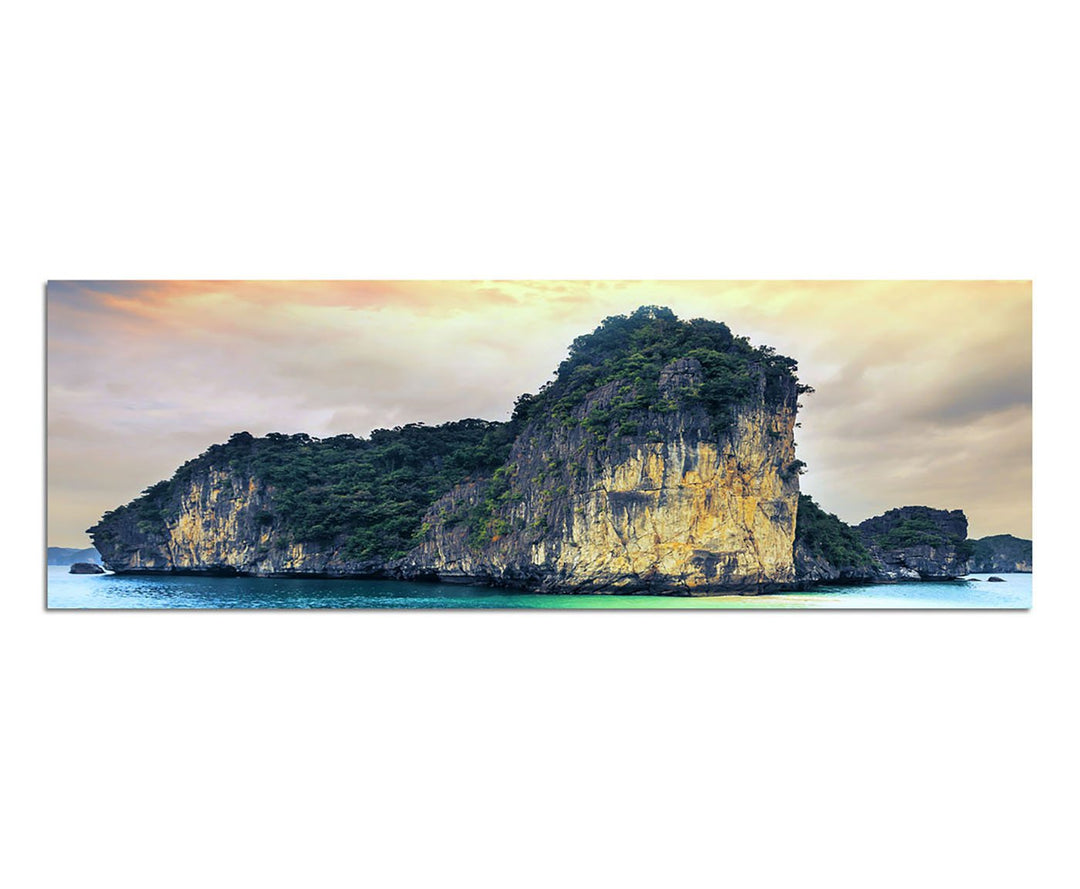 Paul Sinus Art Panoramabild auf Leinwand und Keilrahmen 150x50cm Vietnam Halong Bay Fels Meer Wolken