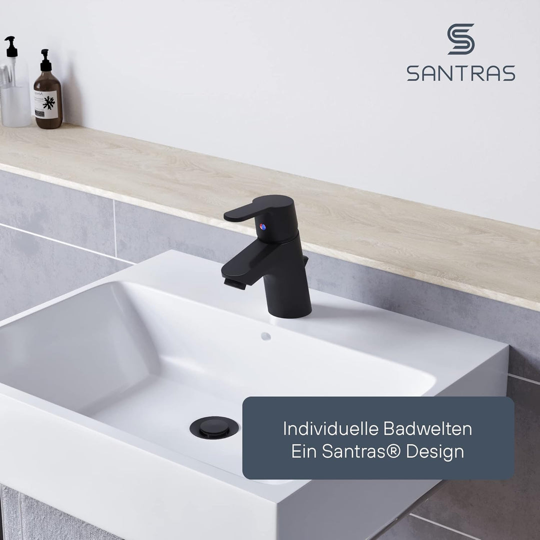 SANTRAS® Waschtischarmatur Bad in Matt-Schwarz mit Zugstange & Exzenter Ablaufgarnitur – Einhebelmis