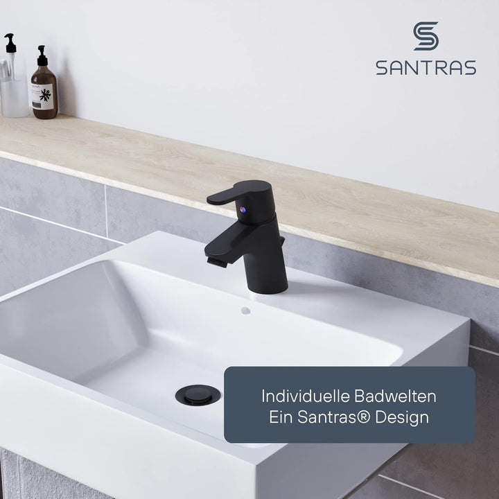 SANTRAS® Waschtischarmatur Bad in Matt-Schwarz mit Zugstange & Exzenter Ablaufgarnitur – Einhebelmis