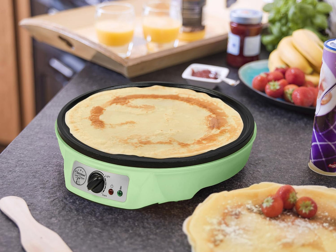 Bestron Elektrischer Crêpesmaker grün Ø 30 cm – Einstellbarer Thermostat | Antihaftbeschichtung | Mi