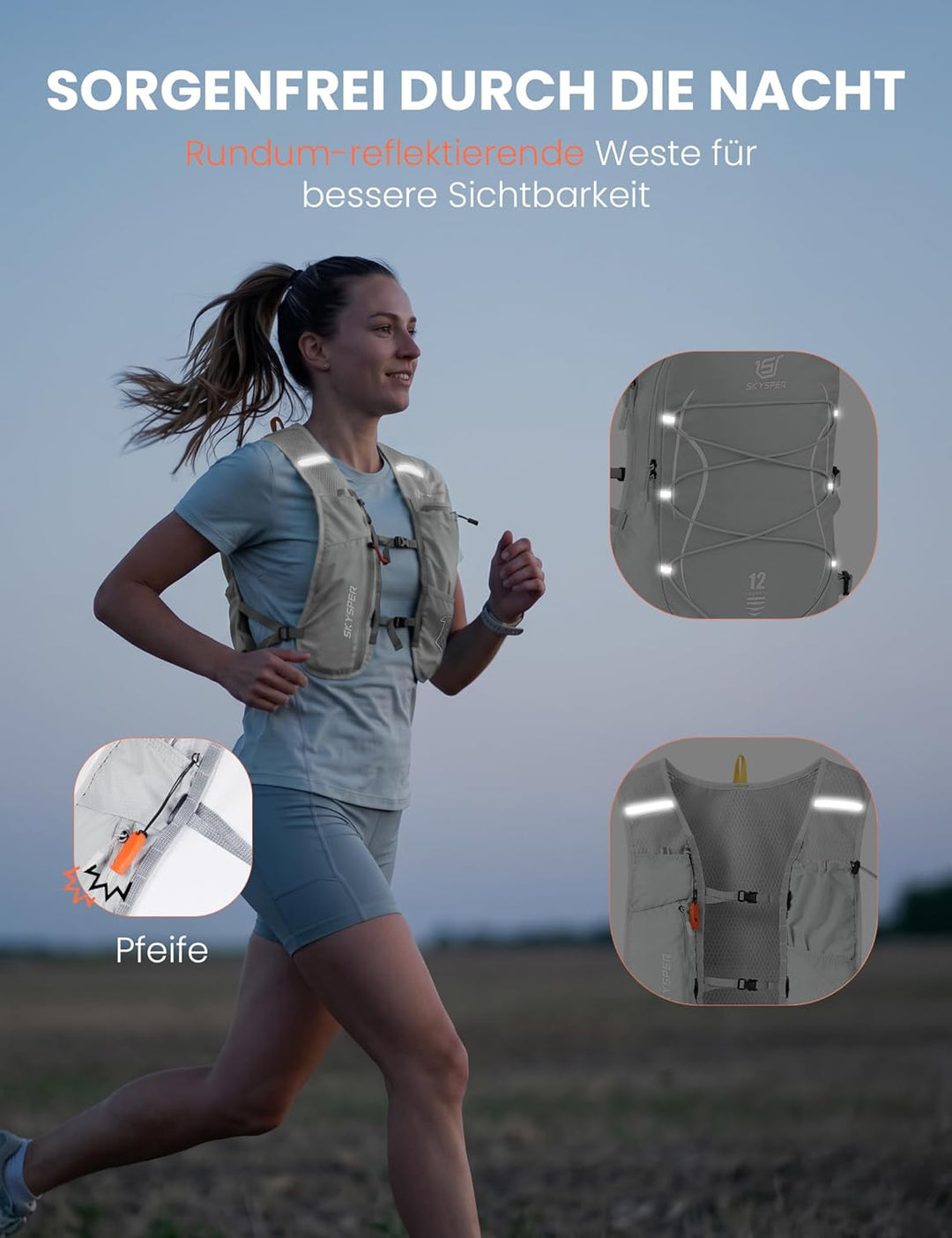 SKYSPER Laufweste für Damen Herren 12L Laufrucksack mit 500ml Trinkflasche Reflektierende Trinkweste