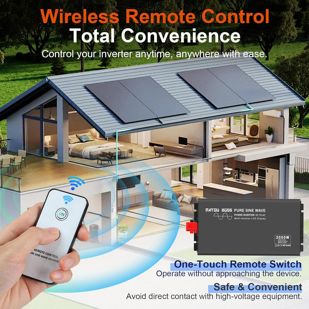 DATOUBOSS 2000W Wechselrichter Reiner Sinus 12V auf 230V Spitzenleistung 4000W mit 1 EU-Steckern, LC