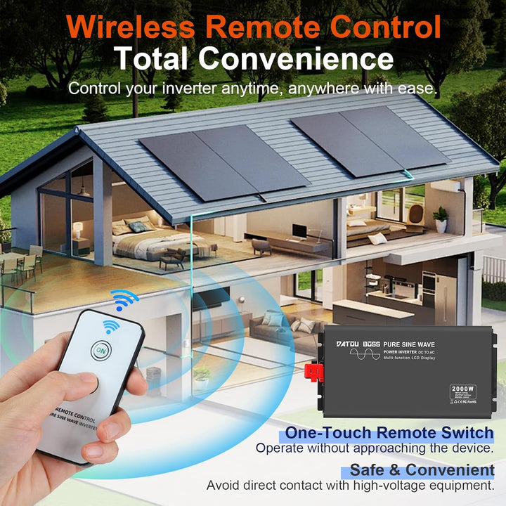 DATOUBOSS 2000W Wechselrichter Reiner Sinus 12V auf 230V Spitzenleistung 4000W mit 1 EU-Steckern, LC