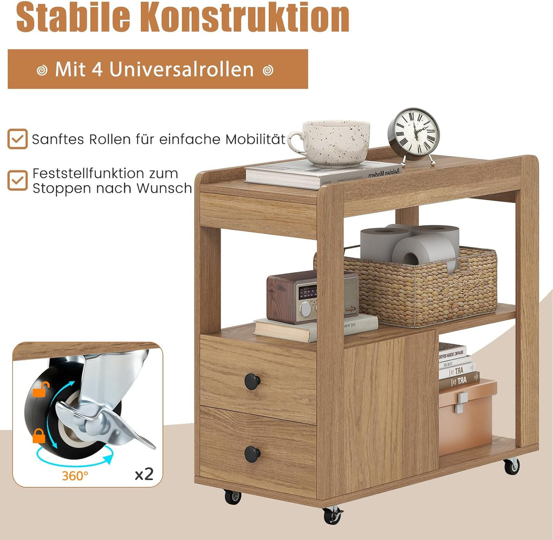 COSTWAY Beistelltisch schmal, Nachttisch mit Rollen, 2 Schubladen und offenen Ablagen, Sofatisch, Na
