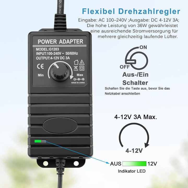 GDSTIME 36W 12V PC Lüfter Geschwindigkeit Controller 4 Wege mit 2pin 3 Pin 4 Pin Splitter Kabel Rege