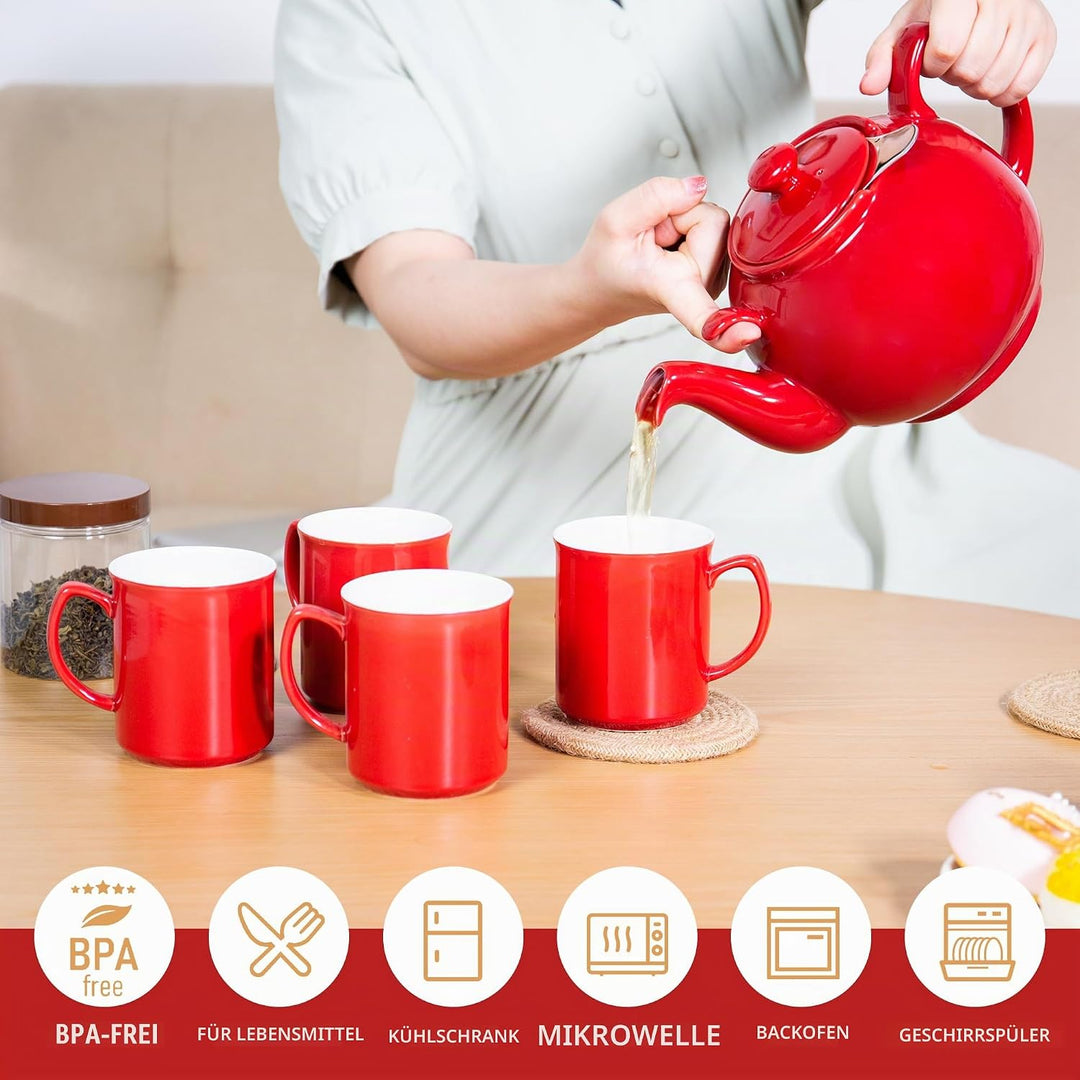Teekanne mit Stövchen Keramik 1,6 L (Rot) Teekanne mit Edelstahl Sieb aus Keramik, Teekanne Liverpoo