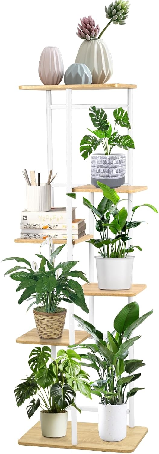 Pflanzenständer mit 6 Etagen,106 cm Blumenregal Indoor Weiss Eck-Innenbereich , Mehrere Pflanzen Blu