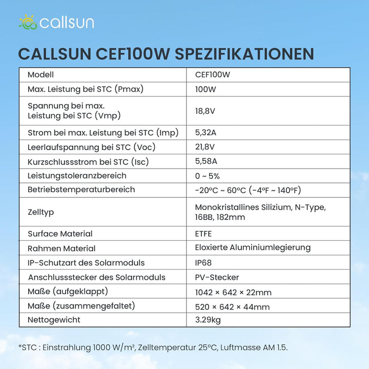 N-Type 16BB 100W Tragbares Bifazial Solarpanel,Callsun Faltbare Monokristallines Solarmodule,Tragbar