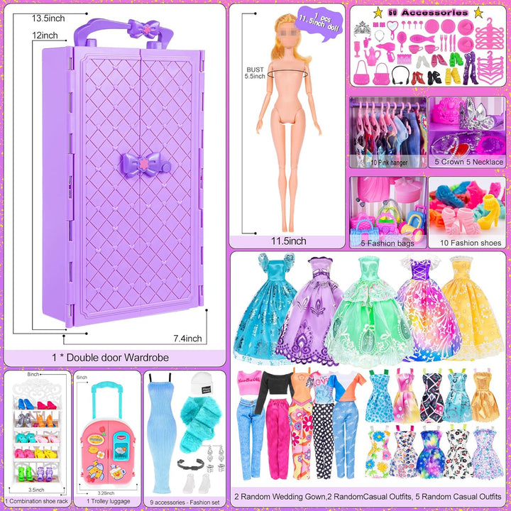 107pcs 11.5 Zoll Mädchen Puppe mit Kleidung Zubehör und Schrank, Gepäck, Schal mit Kleid, Prinzessin