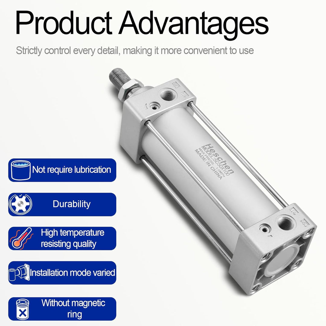 Heschen Pneumatischer Standard-Luftdruckzylinder, SC 50-100, PT1/4" Anschluss, 50mm Bohrung, 100mm H