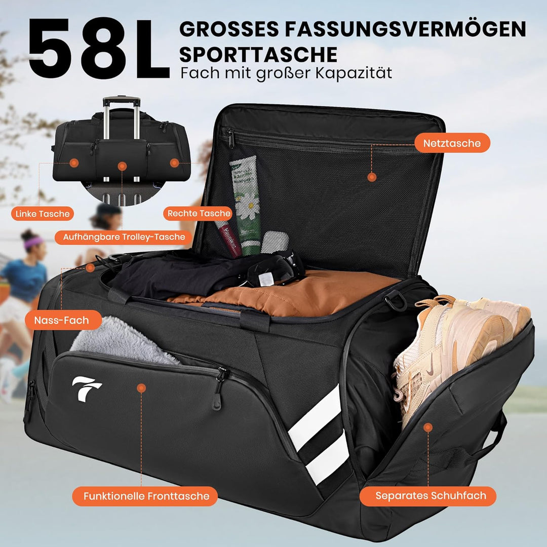 Sporttasche Herren, 58L Reisetasche Gross Sporttasche mit Schuhfach und Nassfach, Gross Trainingstas