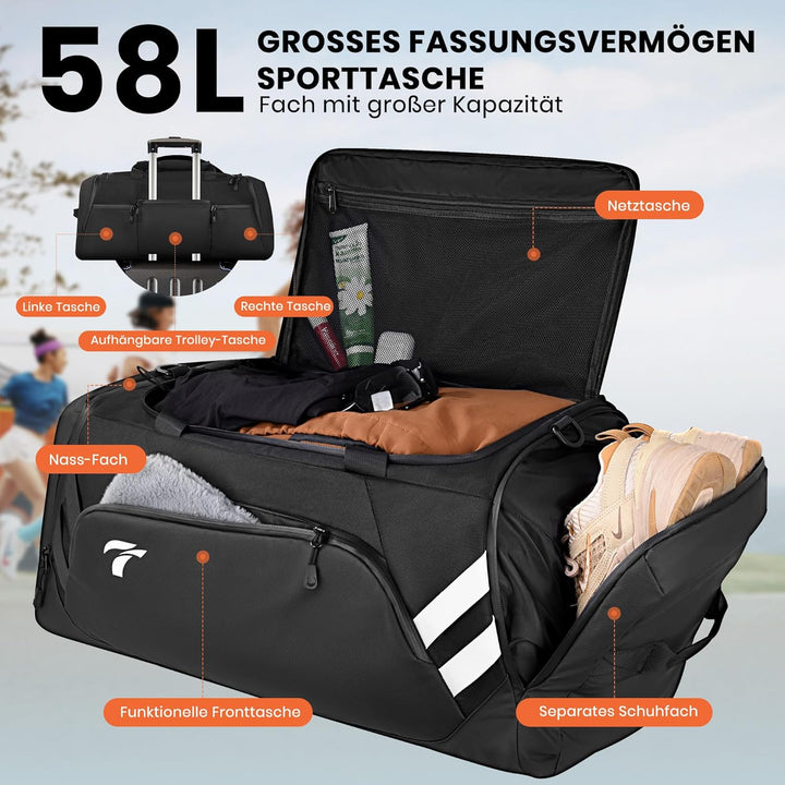 Sporttasche Herren, 58L Reisetasche Gross Sporttasche mit Schuhfach und Nassfach, Gross Trainingstas