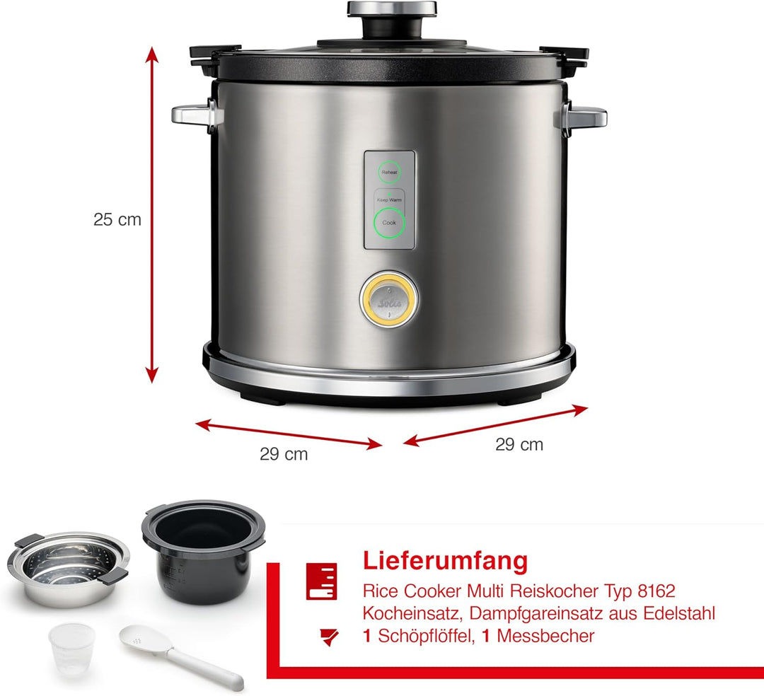 Solis Rice Cooker Multi – Reiskocher mit Dampfgarfunktion, PFAS-freiem Antihaft-Topf für bis zu 6 Ta