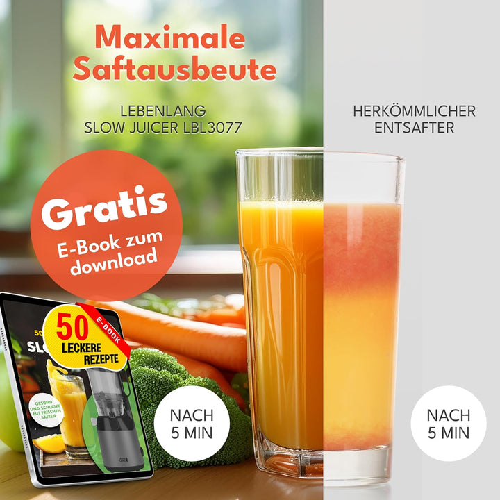 LEBENLANG Entsafter Slow Juicer - Inkl. Rezeptbuch & Grosse 130mm Öffnung I Perfekt für Obst ganze F