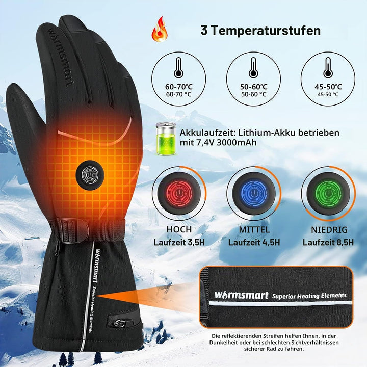 Beheizbare Handschuhe, 7.4V 3000mAh Beheizte Handschuhe für Damen Herren, Winddicht Touchscreen Heiz