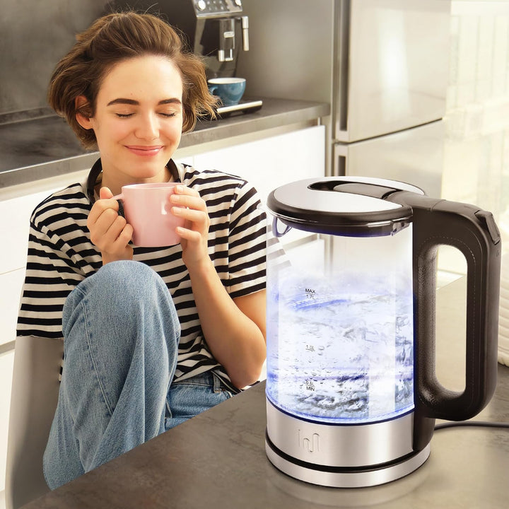 Impolio Classic Wasserkocher Glas, Wasserkocher 1,7L, Wasserkocher Edelstahl mit LED Beleuchtung, Wa