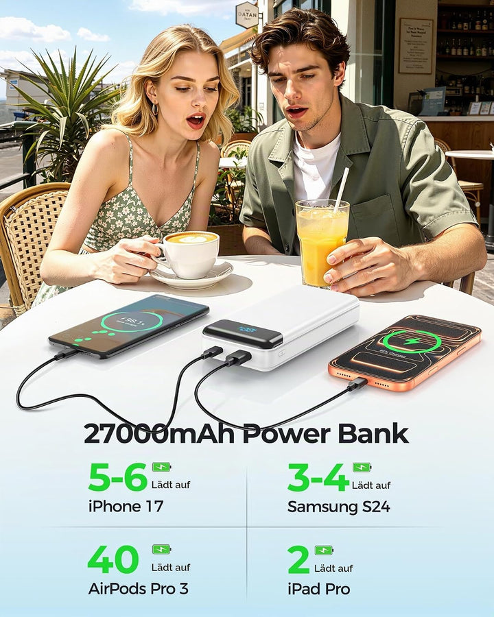 Enerwow Power Bank 27000mAh 22.5W Schnellladen mit Integriertem USB-C Kabel | Externer Akkupack 4 Au