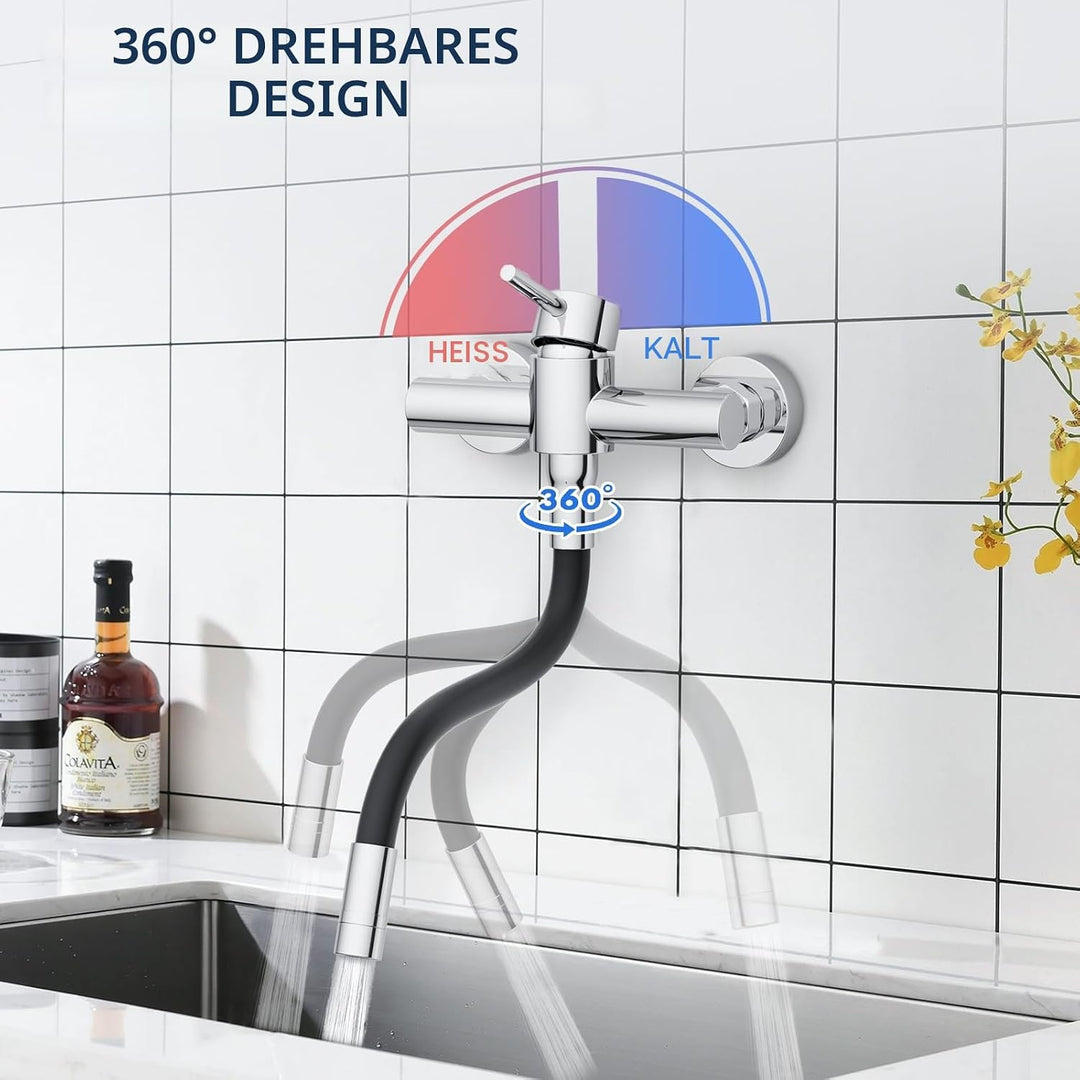 HURRAN Wasserhahn Wandmontage, 360° Schwenkbare Küchenarmatur mit Silikonschlauch, Einhebelmischer a