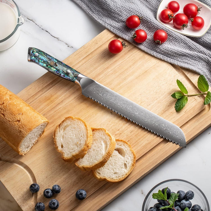 Tsume Brotmesser Abalone, Klingenlänge 19cm, Echtes Damast Küchenmesser mit Perlmuttplatten, 67 Schi