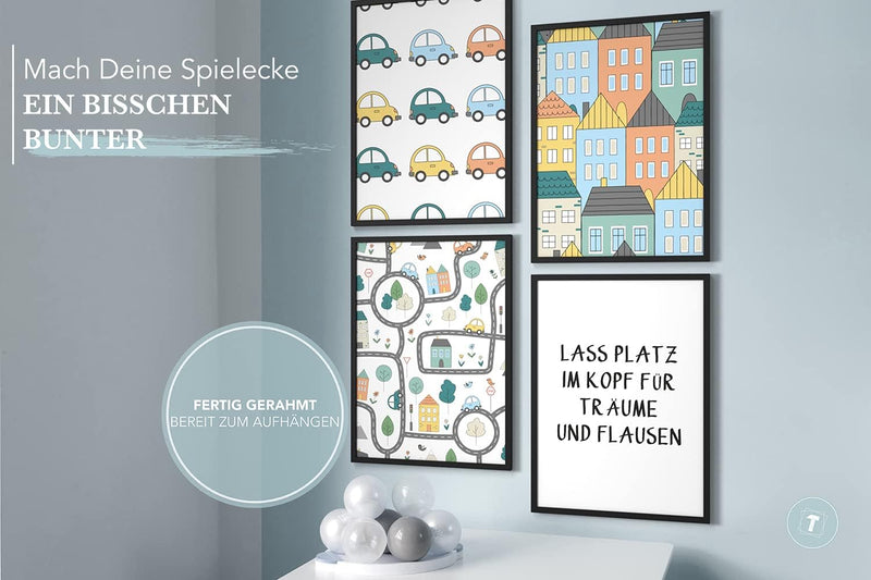 Papierschmiede® Kinderbilder 4er Set, A4 gerahmt in Holzrahmen (schwarz), Geschenk für Jungen Wandde