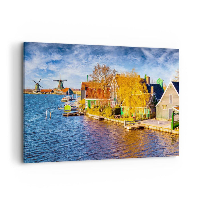 Bilder auf Leinwand 100x70cm Leinwandbild Landschaft Windmühle Wasser Dorf Gross Wanddeko Bild Schla