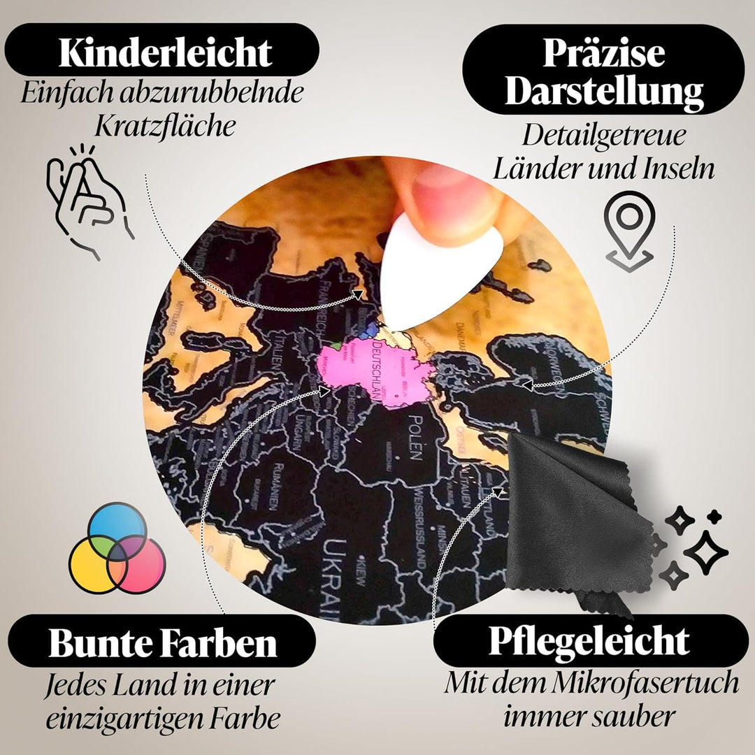 FlyHigh XXL Weltkarte Poster zum Rubbeln in Deutscher Sprache (82x60 cm) inklusive Klebesticker, Kra