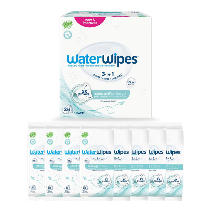 WaterWipes Sensitive+ On The Go Wipes, Unterwegs-Tücher, 224 Stück (8 Packungen), 3-in-1 reinigt, pf