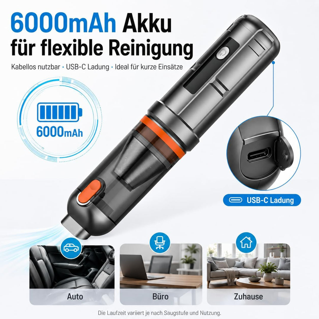 Handstaubsauger, 16000Pa Akku Autostaubsauger mit Bürstenlosem Motor, 3-Stufen Mini Staubsauger mit