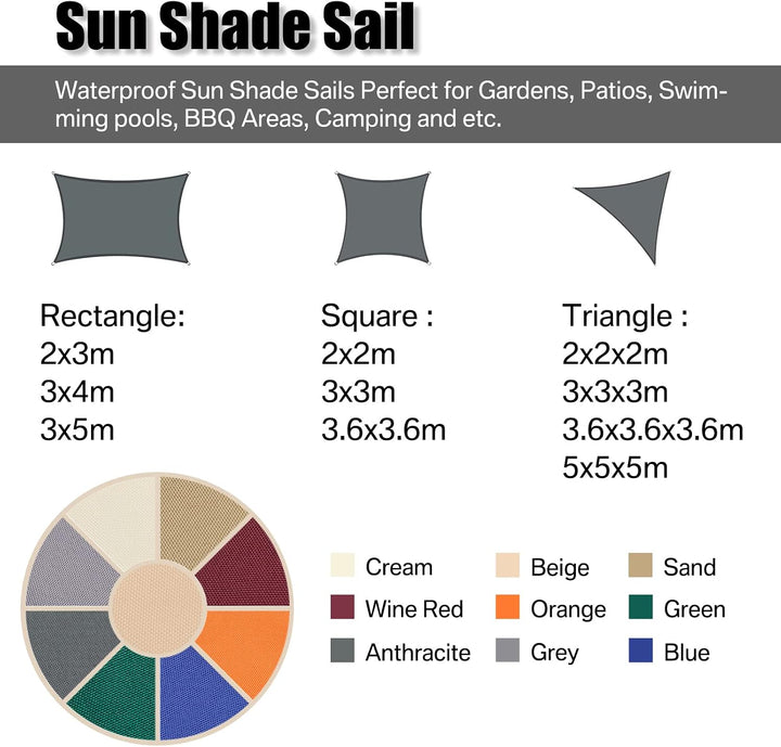 Sonnensegel Wasserdicht mit Befestigungs Kit, 2 x 3 m UV Schutz Sonnenschutz Segel für Garten, Balko