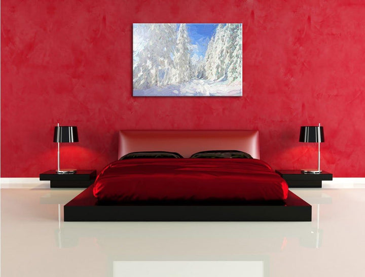 Pixxprint Winterlandschaft mit Bäumen Pinsel Effekt, Format: 100x70 auf Leinwand, riesige Bilder fer