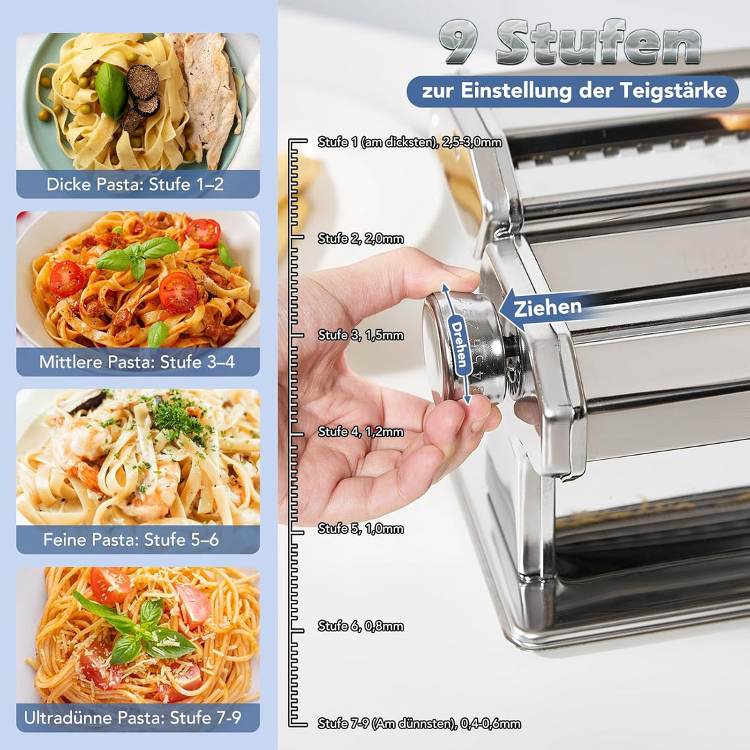 Pastamaschine aus Edelstahl, manuelle Nudelmaschine mit 9 Teigstärken & 2 Schnittbreiten für Spaghet