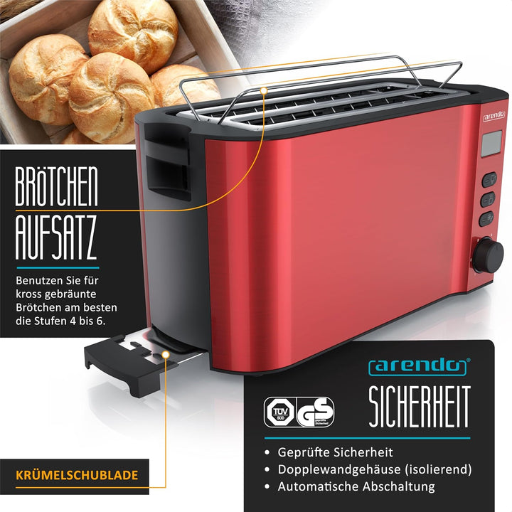Arendo - Toaster Edelstahl Langschlitz 4 Scheiben - Doppelwandgehäuse - Integrierter Brötchenhalter