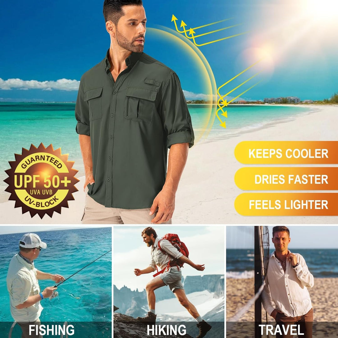 Asfixiado Hemd Herren Safari UPF50+ UV Schutz Wanderhemd Herren Langarm Funktionshemd Outdoorhemd At