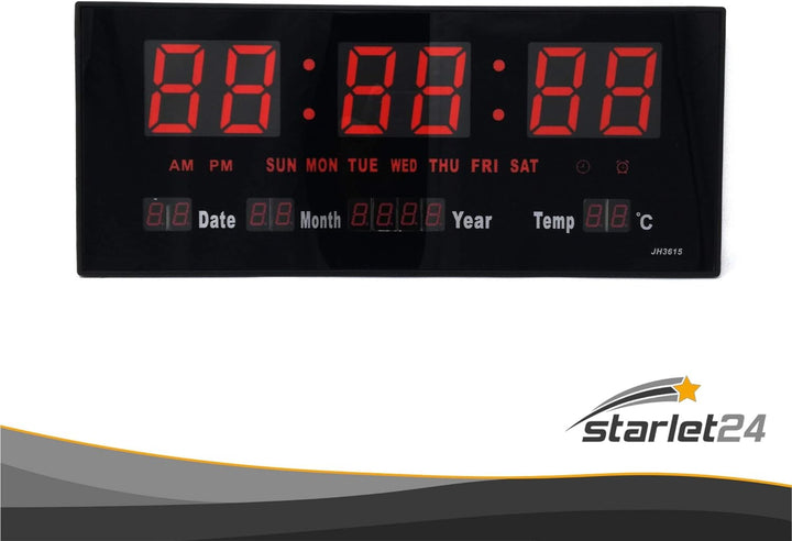 Starlet24 LED Wanduhr mit Timer Wecker Schlummer Kalender Temperatur grosse LED-Anzeige 36x15cm (JH3