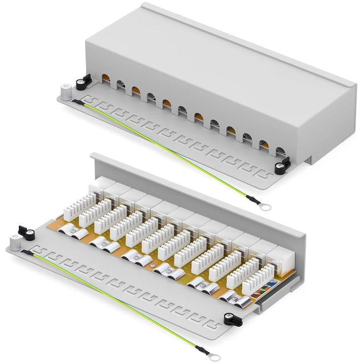 HB-DIGITAL 12-Port Cat 6a LSA Patchpanel, Patchfeld, geschirmt, Weiss Verteilerfeld Cat.6a (500 MHz)