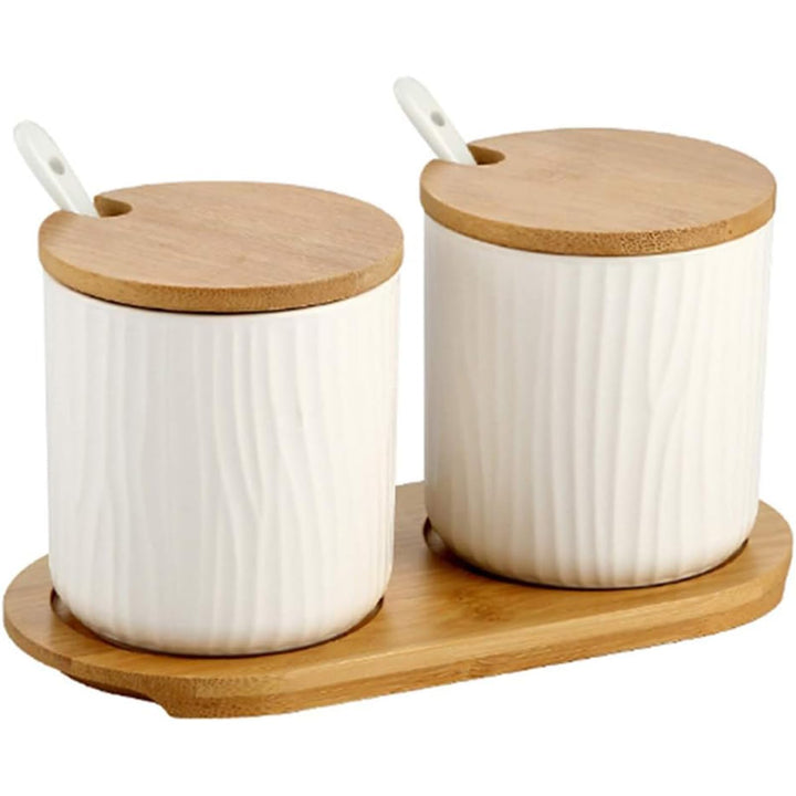 Keramik Gewürzdosen 2er Set, Zuckerdose mit Löffel und Bambus Deckel, 300ml/10.2 oz Gewürzgläser für