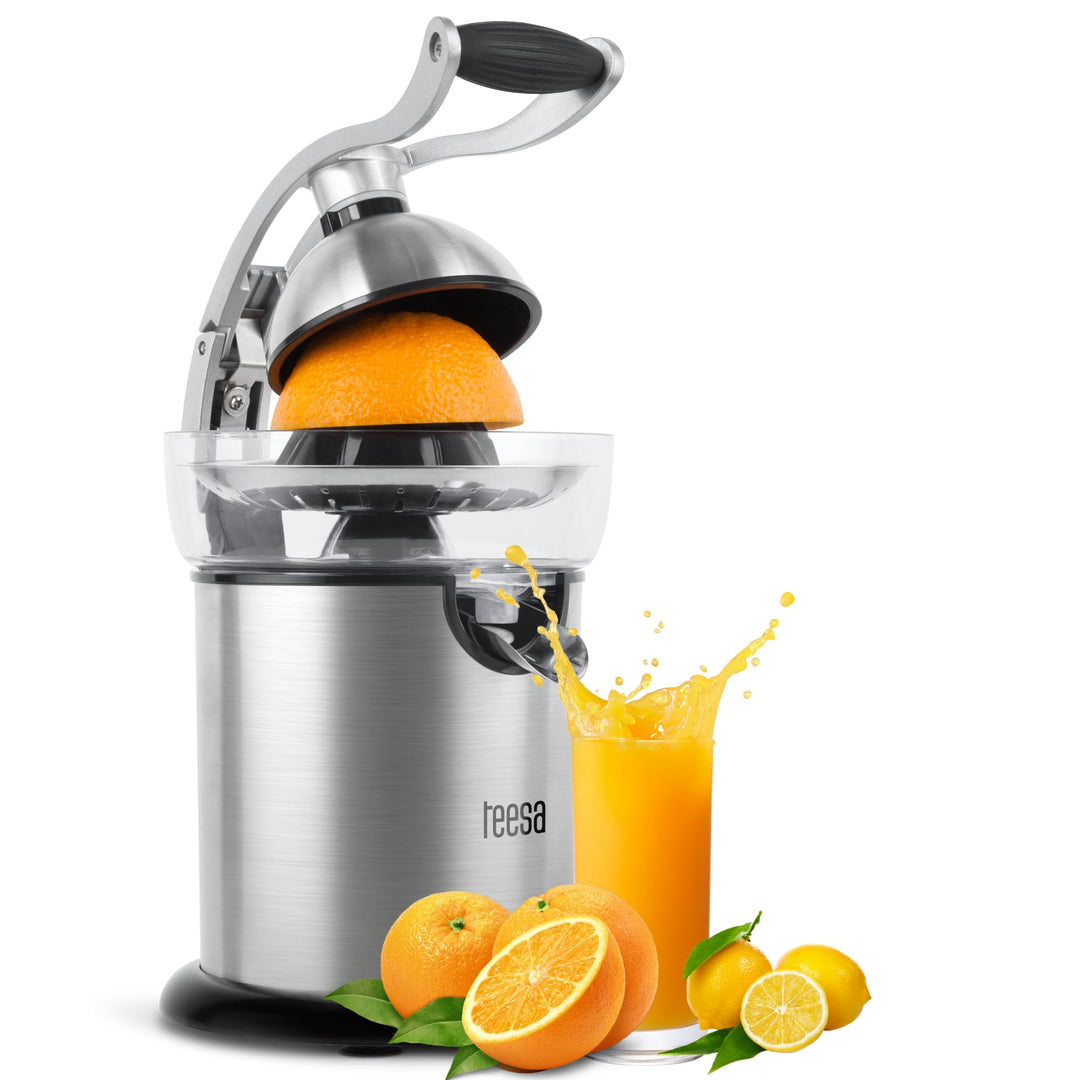 Teesa TSA3011 Elektrische Zitruspresse, Saftpresse mit Griff 130 W / 350 ml Edelstahl, Silber
