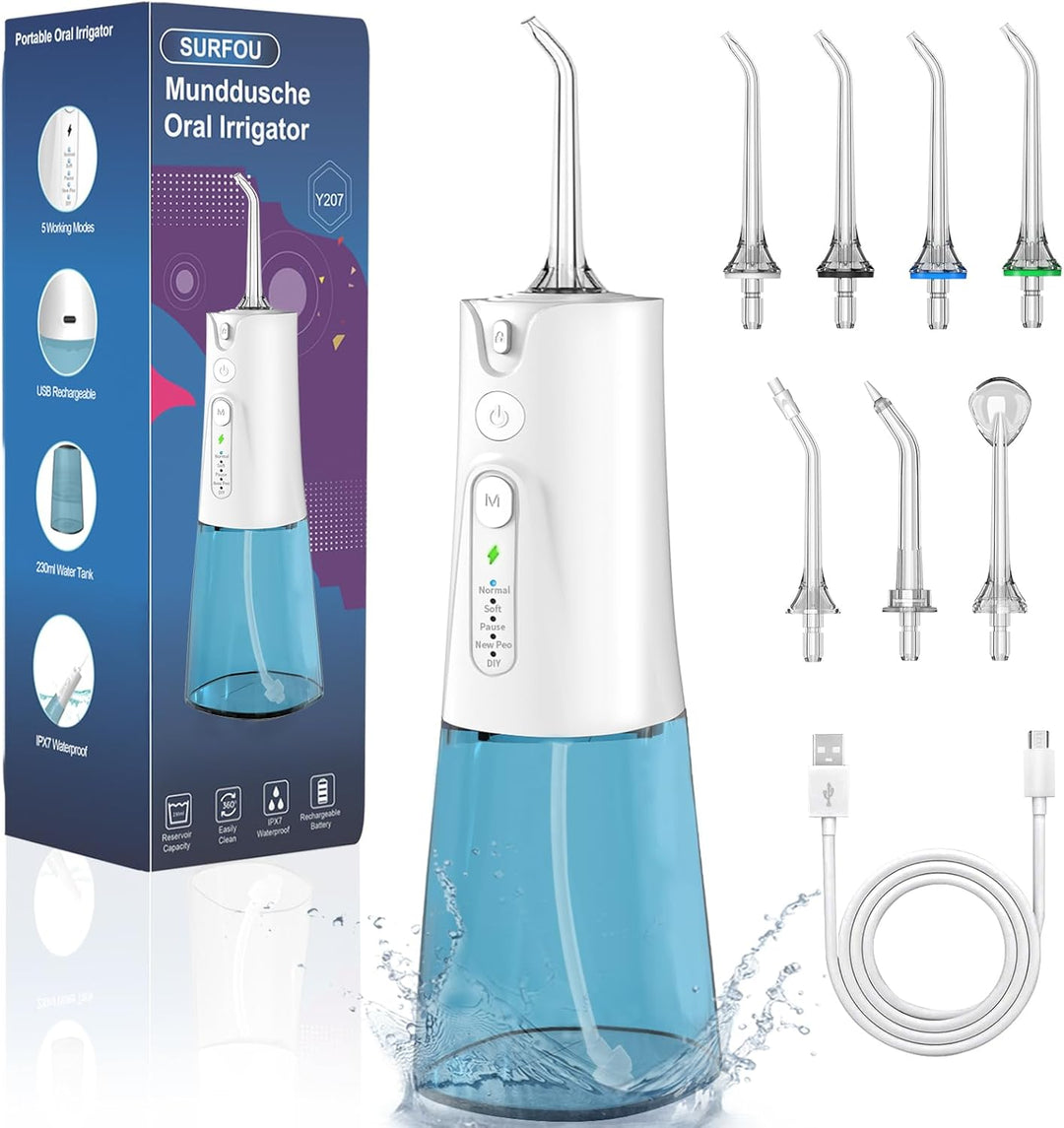 SURFOU Munddusche Kabellos Mundduschen 230ML 5 Modi 7 Düsen, Mundduschen Reise Water Flosser IPX7 Wa