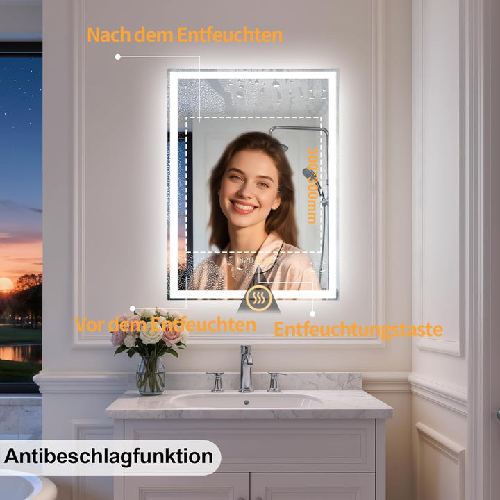 Beleuchteter Spiegel 45 x 60 cm, beleuchteter Badspiegel, LED-Spiegel mit Uhr, 3 einstellbare Lichtf