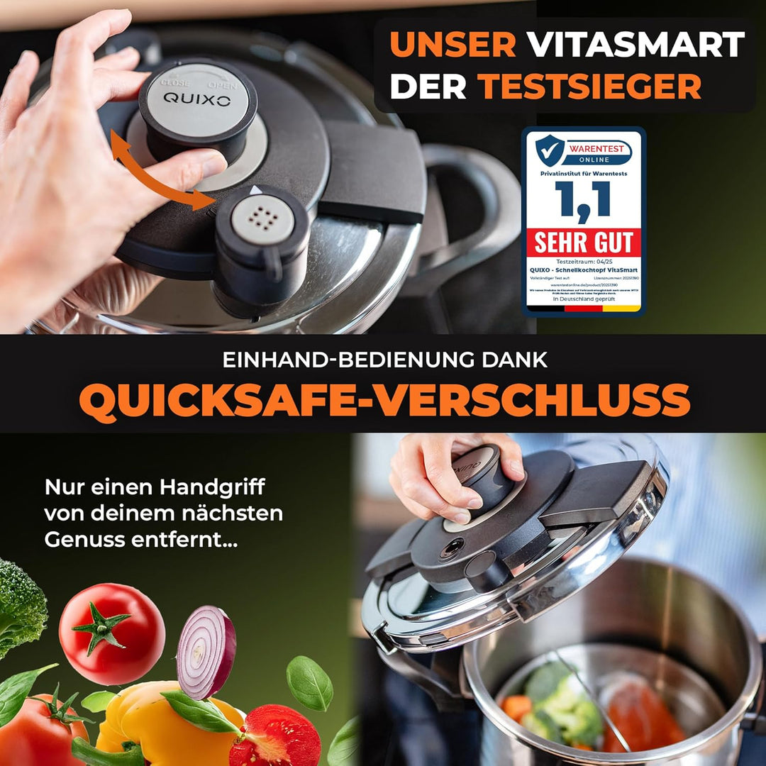 QUIXO Schnellkochtopf Set 6L + 4L VitaSmart mit Garkorb + Kochzeitsignal für alle Herdarten [NEU mit