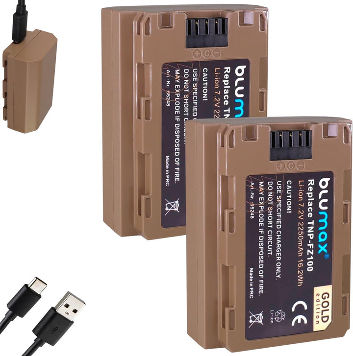 2X Blumax Gold Akku ersetzt Sony NP-FZ100 (2250mAh) mit USB Typ-C Ladebuchse - NTC-Sensor & V1-Gehäu