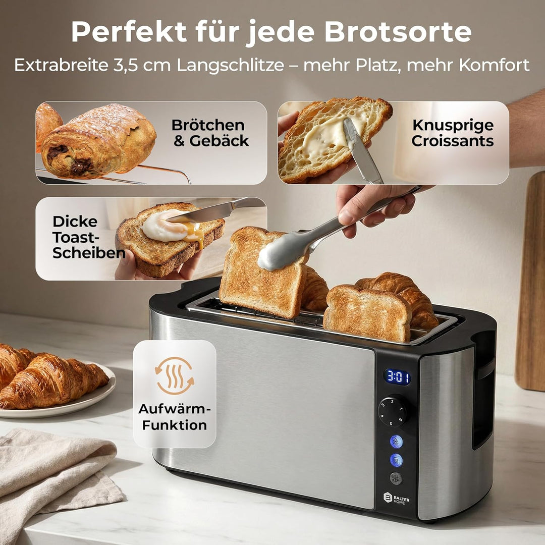 Balter Toaster 4 Scheiben, Langschlitz, Edelstahl, Brötchenaufsatz, LCD Display mit Restzeitanzeige,
