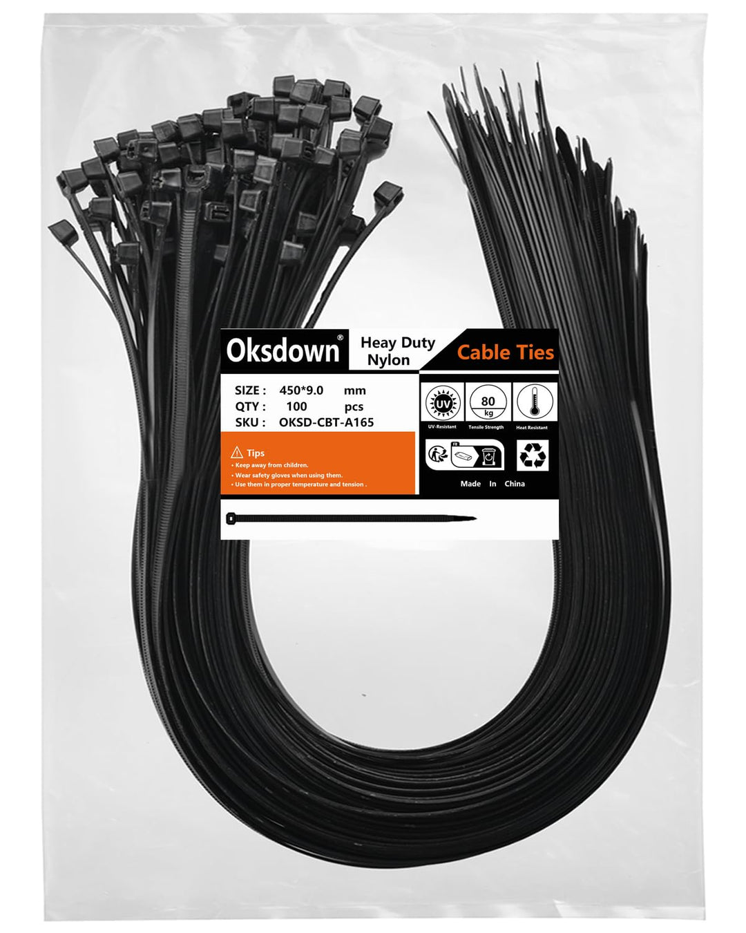 Oksdown 450mm × 9,0mm Breit 100 Stück Extra Stark Kabelbinder mit 80 kg Zugfestigkeit Schwarz UV-Bes
