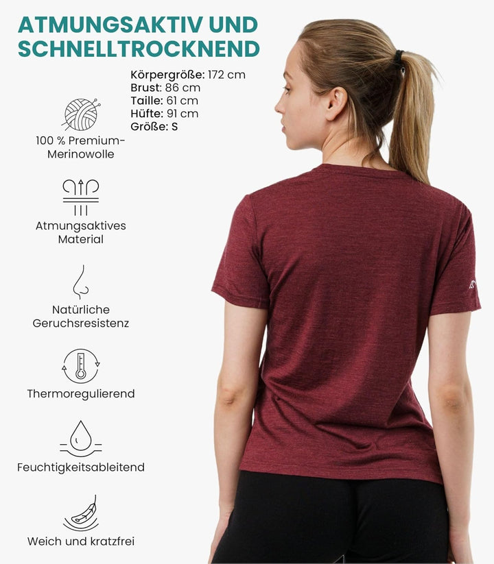 Merino.tech 100% Merino T Shirt Damen - Merinowolle Sport Wandern Thermoshirt Damen + Wandersocken B