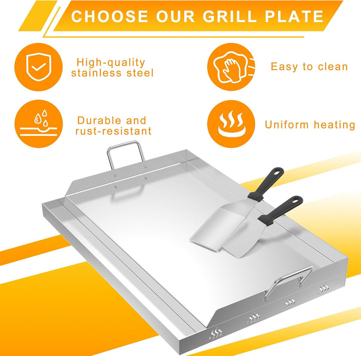 Froadp Edelstahl Grillplatte | 47x32x7cm Universal BBQ Plancha mit Ölrinne | BBQ Plancha für Gas- &amp;