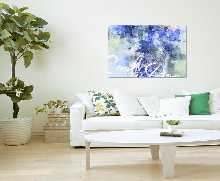 Paul Sinus Art Bild Leinwand 120x80cm Witziger Hund mit Sonnenbrille in Blautönen mit Kalligraphie,