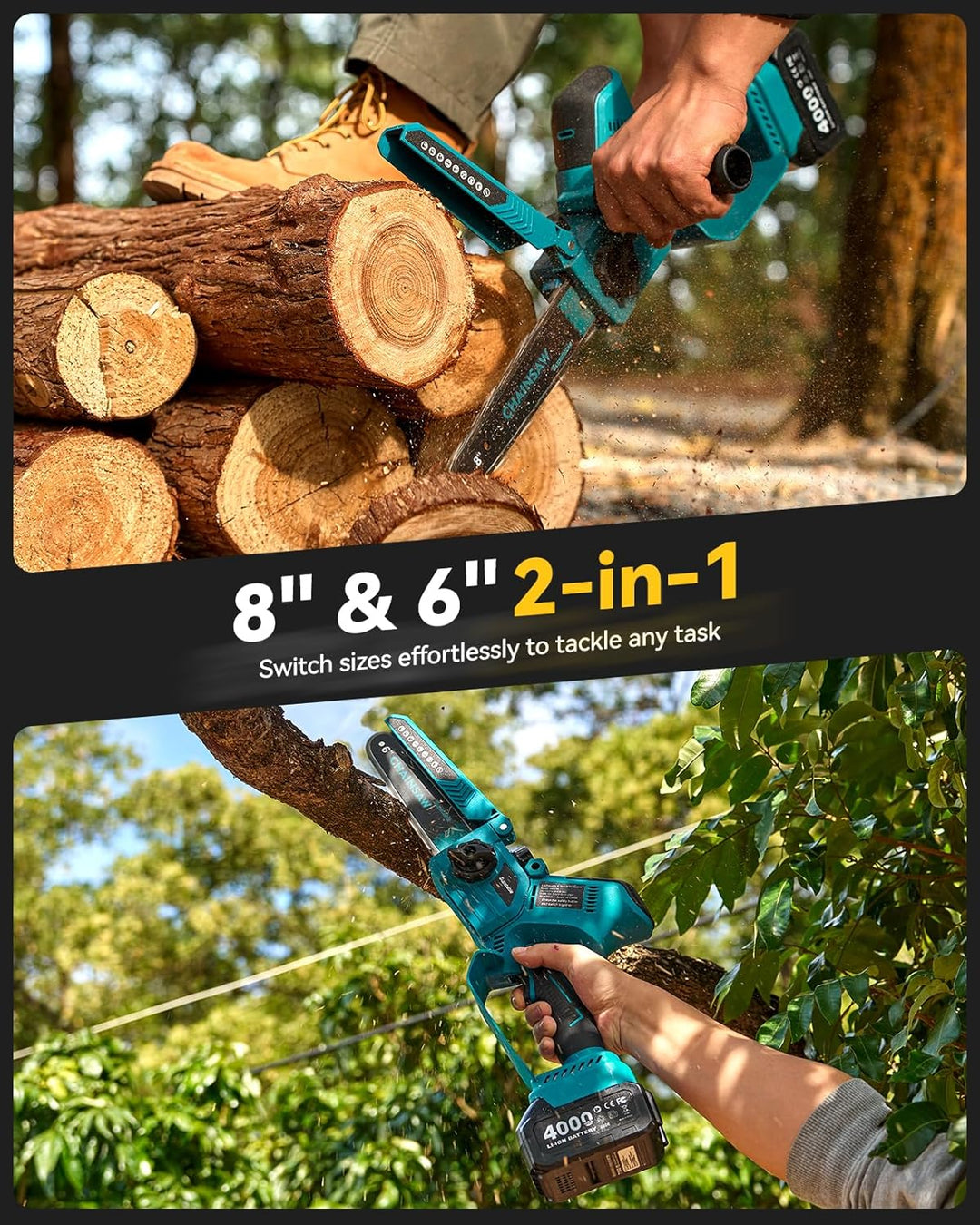 Mini Kettensäge mit Akku 8000mAh, Supstable 8 Zoll & 6 Zoll Astsäge Akku, Automatischer Öler & Werkz