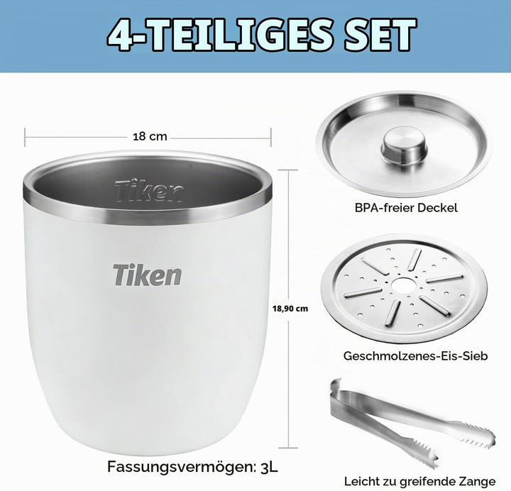 Tiken 3L Edelstahl Eiseimer mit Deckel und Zange Doppelwandiger Vacuum Isolierter Eiskübel Eiswürfel